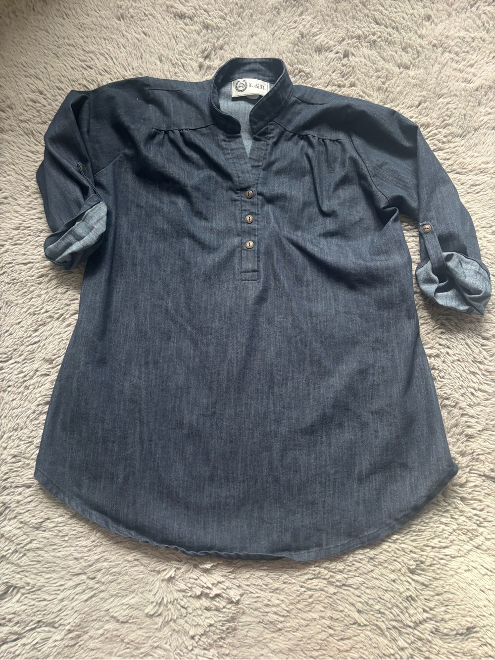 L&B Indigo Denim Collarless Shirt size Medium western cowgirl
